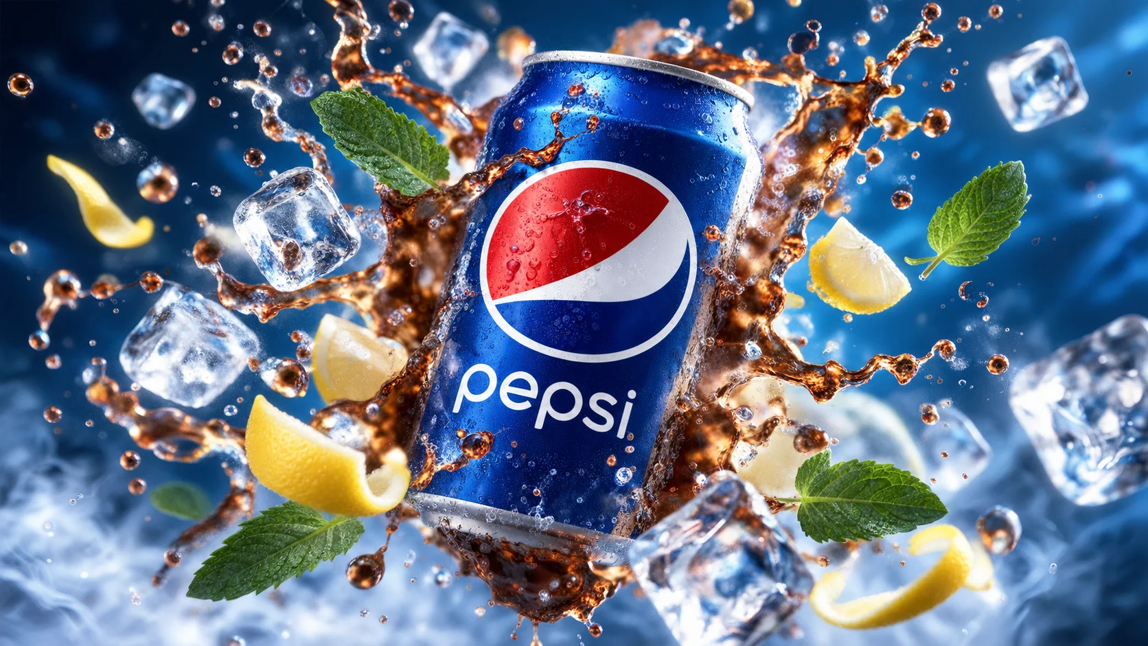 Beverage advertising example with a cola can, ice and splashing liquid against a blue background